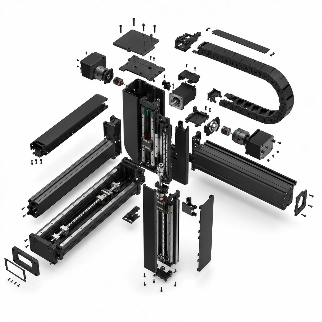 Exploded view diagram of a linear motion module and Cartesian robot components