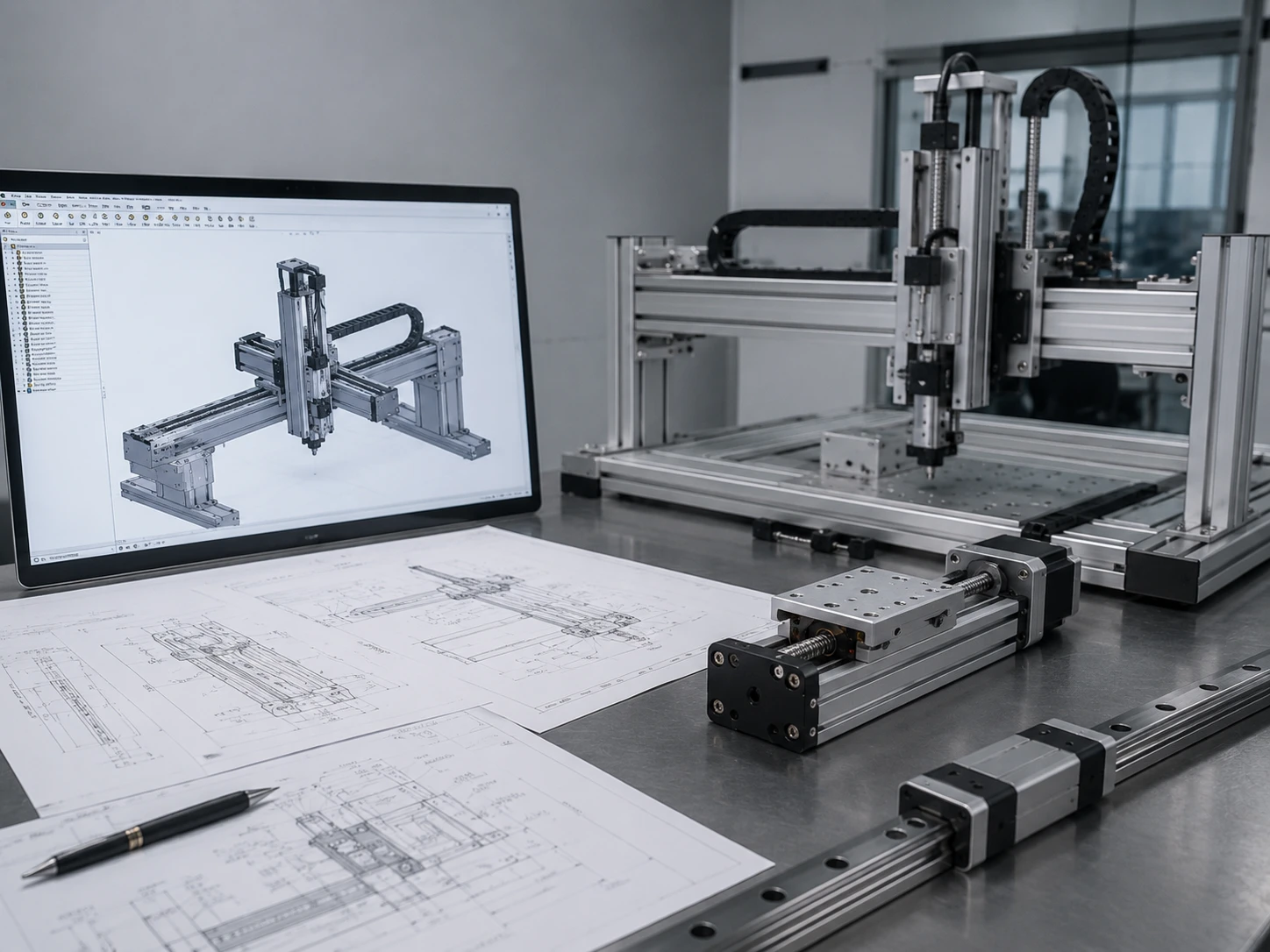 Engineering team reviewing a machine drawing